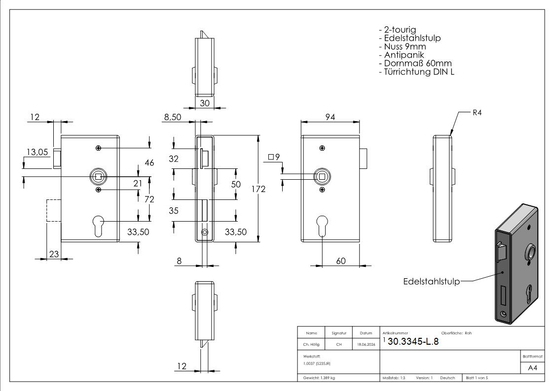 Anti-Panikschloss verzinkt 30mm Dornmass- Wechselfunktion E- DIN L-30-3345-L.8