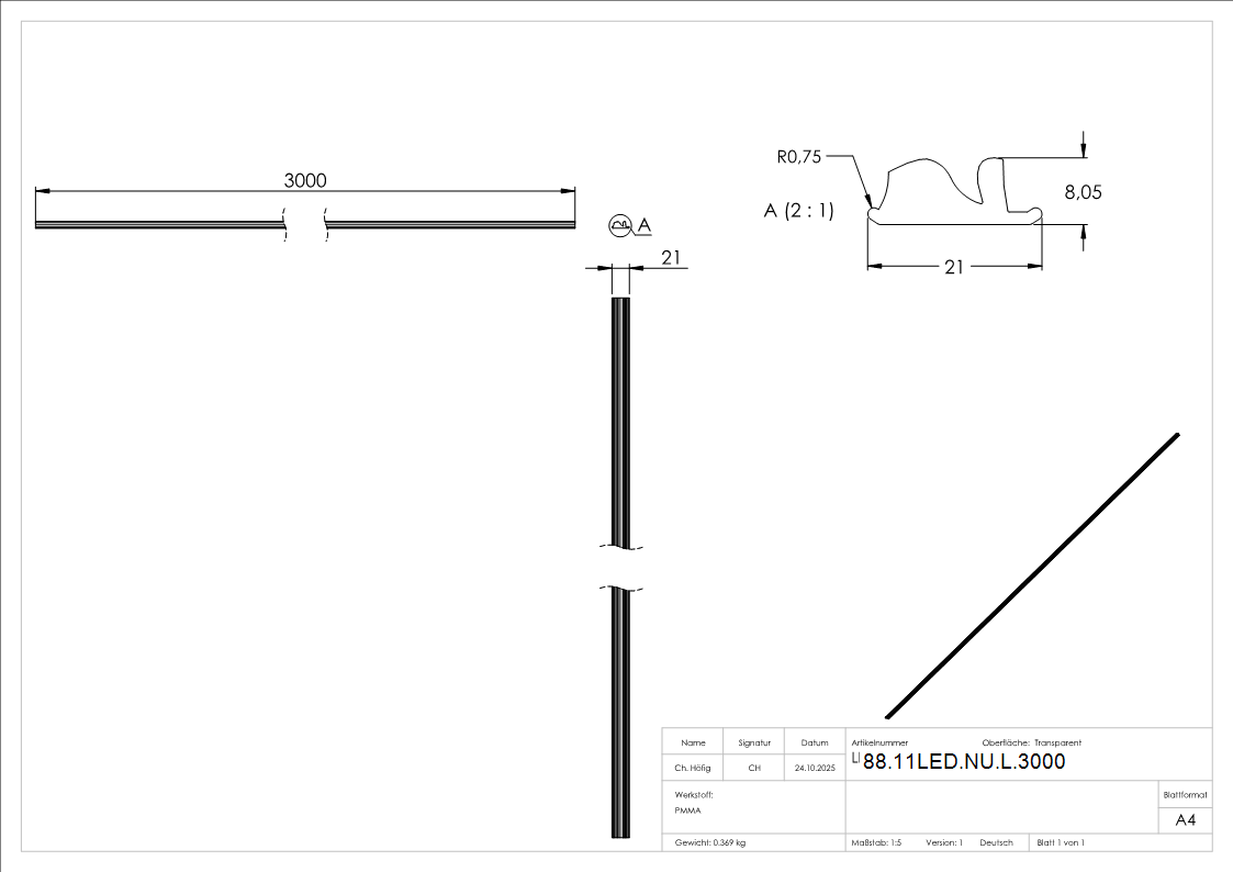 LED-Nutrohr LUNORA®- Linse fuer gerichtete Lichtverteilung- zum Einschieben in Abdeckung- L- 3000mm-88-11LED-NU-L.3000