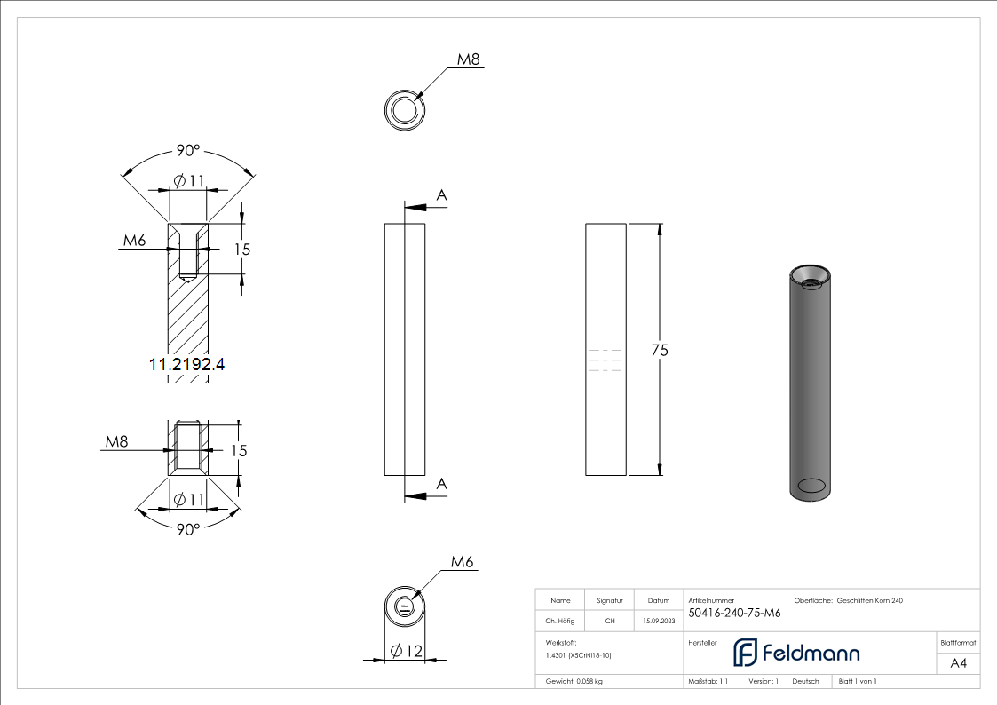 Edelstahl Traegerstift Ø 12 x 75 mm - Kombi-Innengewinde M6-M8 -V2A-11-2192.4