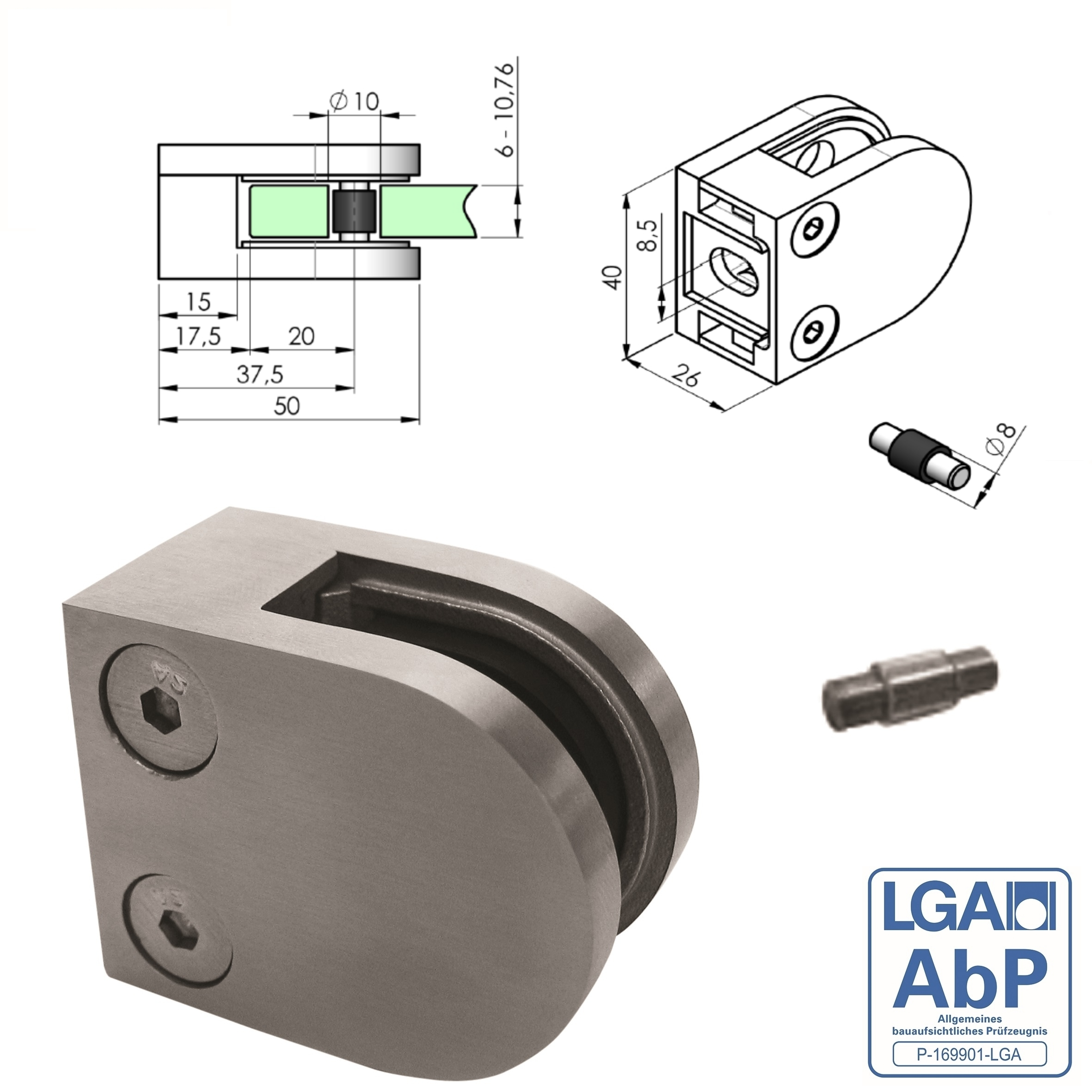 Glasklemme - Masse- 50x40x26 mm - Anschluss flach - V2A 1 Parr Gummis 6-76 mm VSG-18-2000-A.4-5
