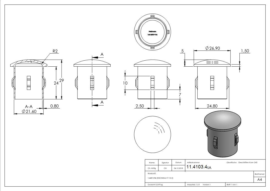Rohrabschlussstopfen V4A Edelstahl fuer Rohr Ø 26-9 mm- Wandstaerke 1-6-2-5 mm- gewoelbt-11-4103.4