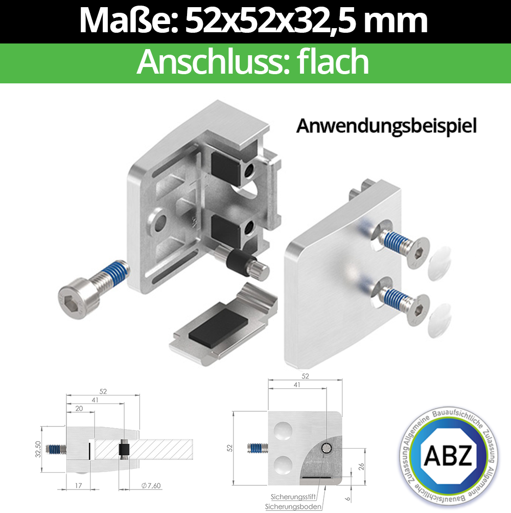 Glasklemme AbZ 52x52x32-5 mm  fuer Anschluss  Flach - Ø 42-4 mm - Ø 48-3 mm - 60-3 mm-10-MODELL34-1-14-1.1