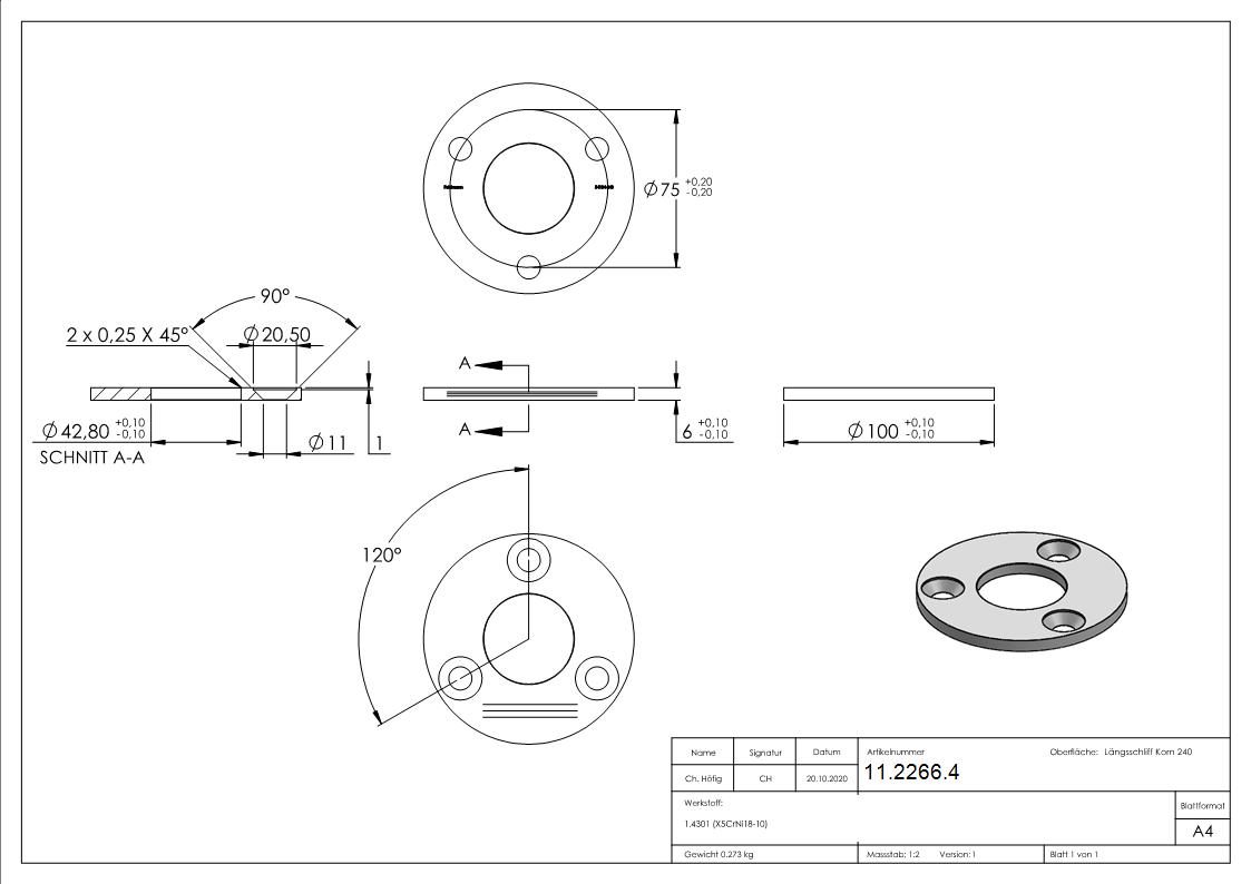 Ankerplatte Ø 100 x 6 mm mit Zentrierbohrung- Ø 42-8 mm V2A-11-2266.4