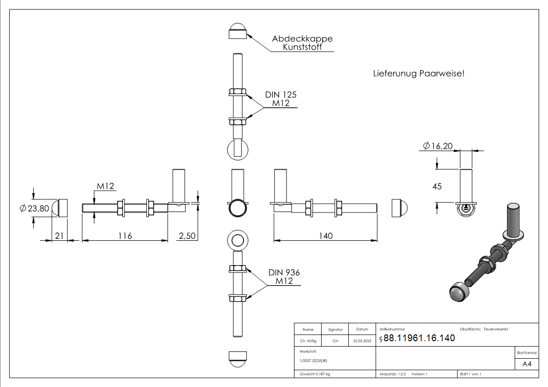 Einhaengeband Torband zum Durchschrauben fuer Ø 16mm- Laenge 140mm-88-11961-16.140