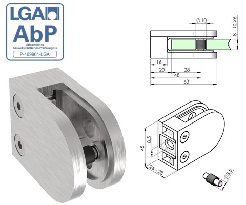 Glasklemme 63x45x28 mm V2A fuer Anschluss flach - Gummi 8-00 mm Glas-18-2200-A.4-4