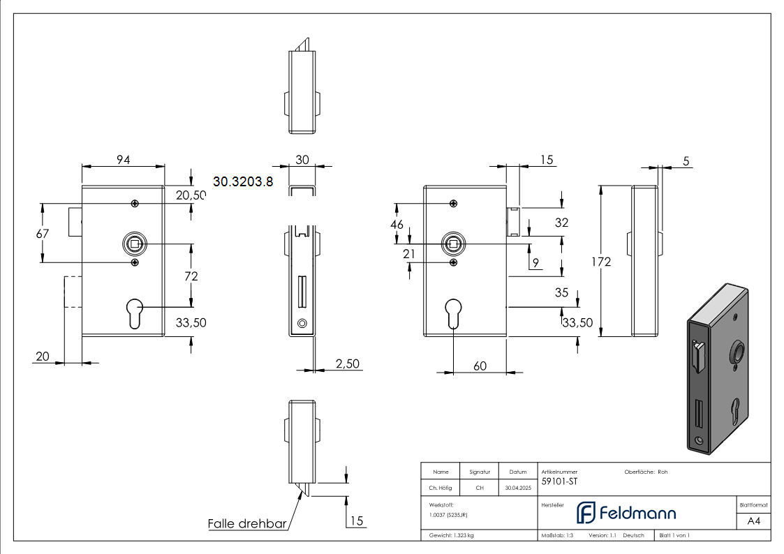 Schlosskasten - Masse- 173x94-5x30 mm - Dorn- 60 mm - Stahl -roh- S235 JR-30-3203.8