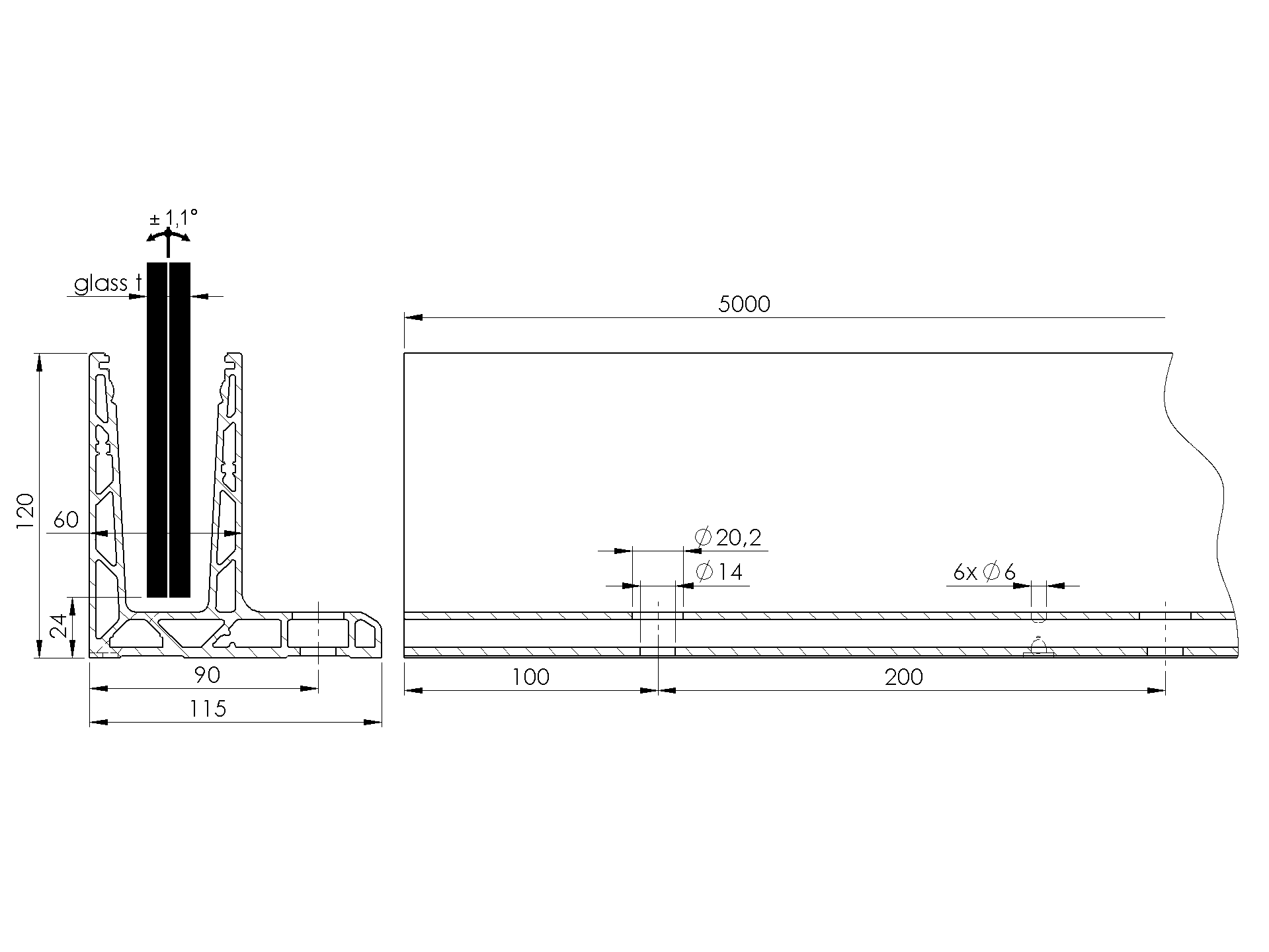 Ganzglasgelaender Profil Aluminium 5000 mm fuer 12-17-52 mm Glas Oberverankerung Satin-ELOX-89-11AL0006UNO5000SE-A.4
