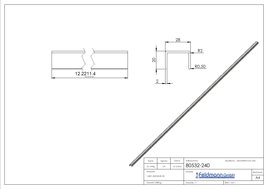 Kantenschutz - Masse- 28x20x2 mm - Laenge- 3000 mm - V2A-12-2211.4
