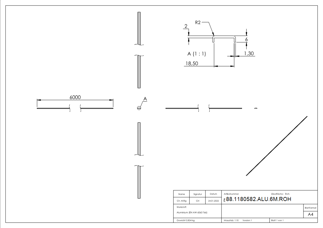 Kantenschutz EXTRA SLIM- fuer Glas 16-00 - 17-52mm- L=6m- Aluminium roh-88-1180582-ALU-6M.ROH