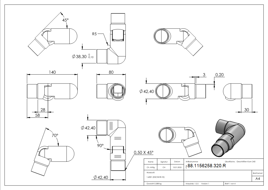 Gelenkstueck V2A fuer Rohr Ø 42-4x2-0 mm rechts K240 geschliffen-88-1156258-320.R
