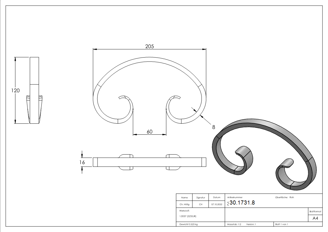 16er Serie - Masse- 205x120 mm - Material- 16x8 mm- glatt - Stahl S235JR- roh-30-1731.8