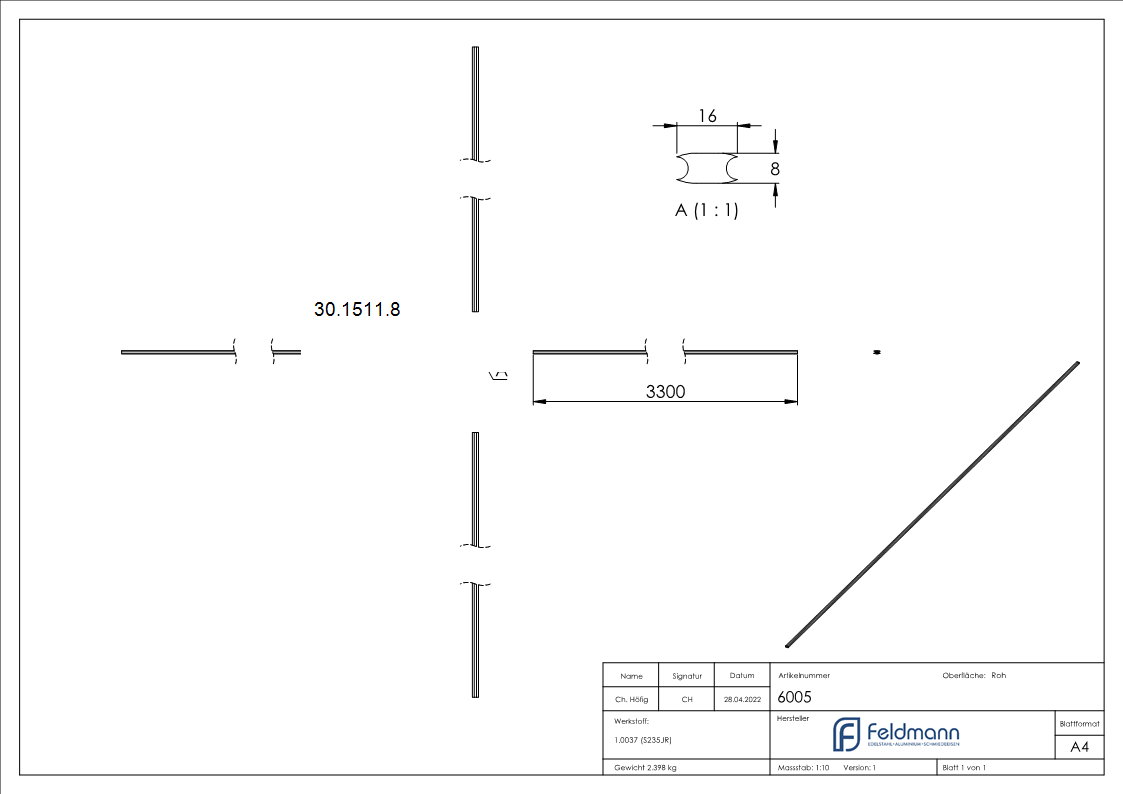 Flacheisen 16x8 mm 2-fach gerillt 3300mm Stahl S235JR Zierprofil-30-1511.8