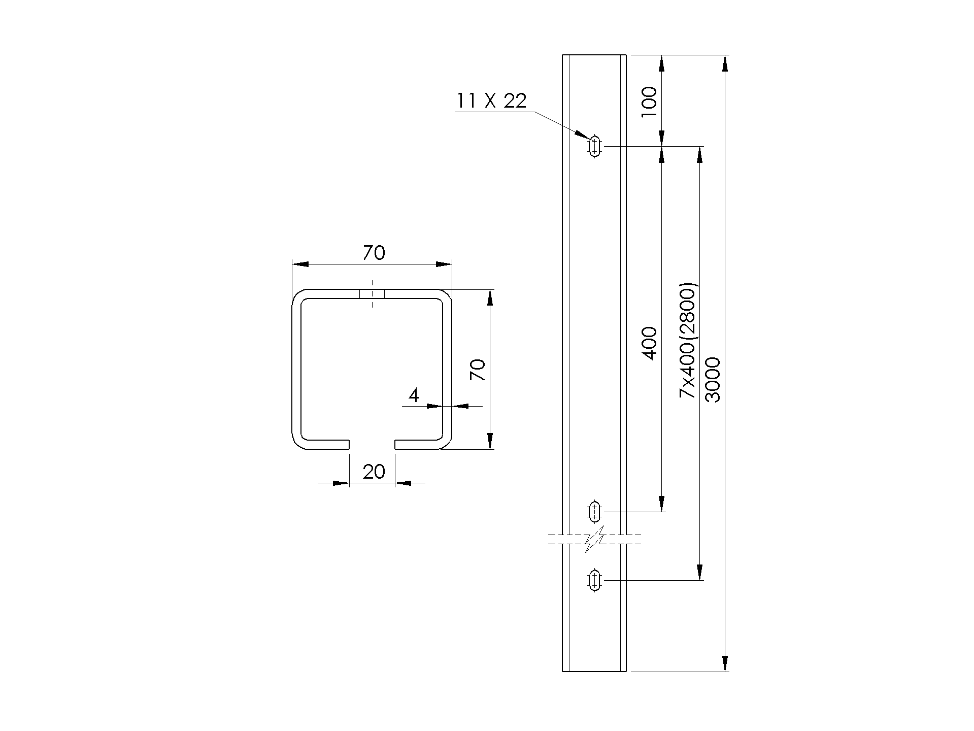 Fhrungsprofil Stahl verzinkt 70 x 70 mm L = 3000 mm mit Befestigungslchern-89-11H0270X70ZND3000-A.4