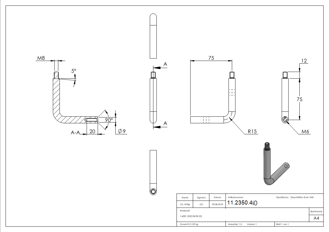 Edelstahl Buegel Ø 12 mm - Kombi M8 Aussen- - M6 Innengewinde -V2A-11-2350.4