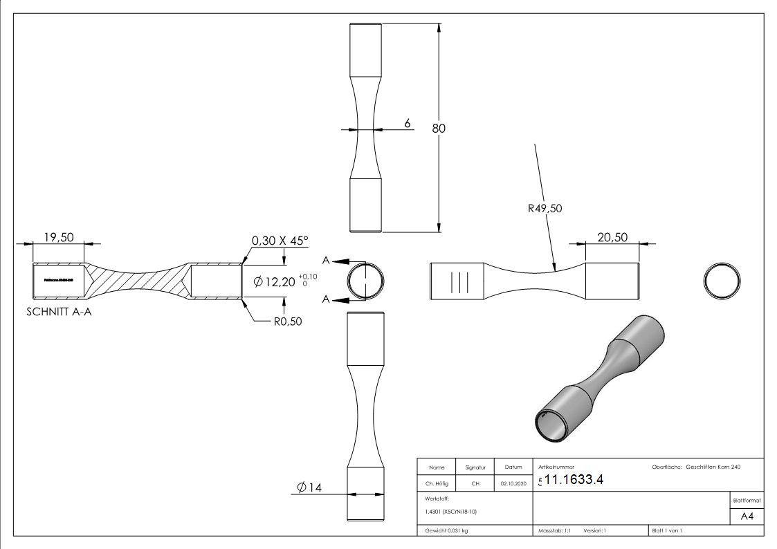 Rundstabverbinder V2A fuer Ø 12 mm Rund L 80 mm Ø 14 mm zum Biegen-11-1633.4
