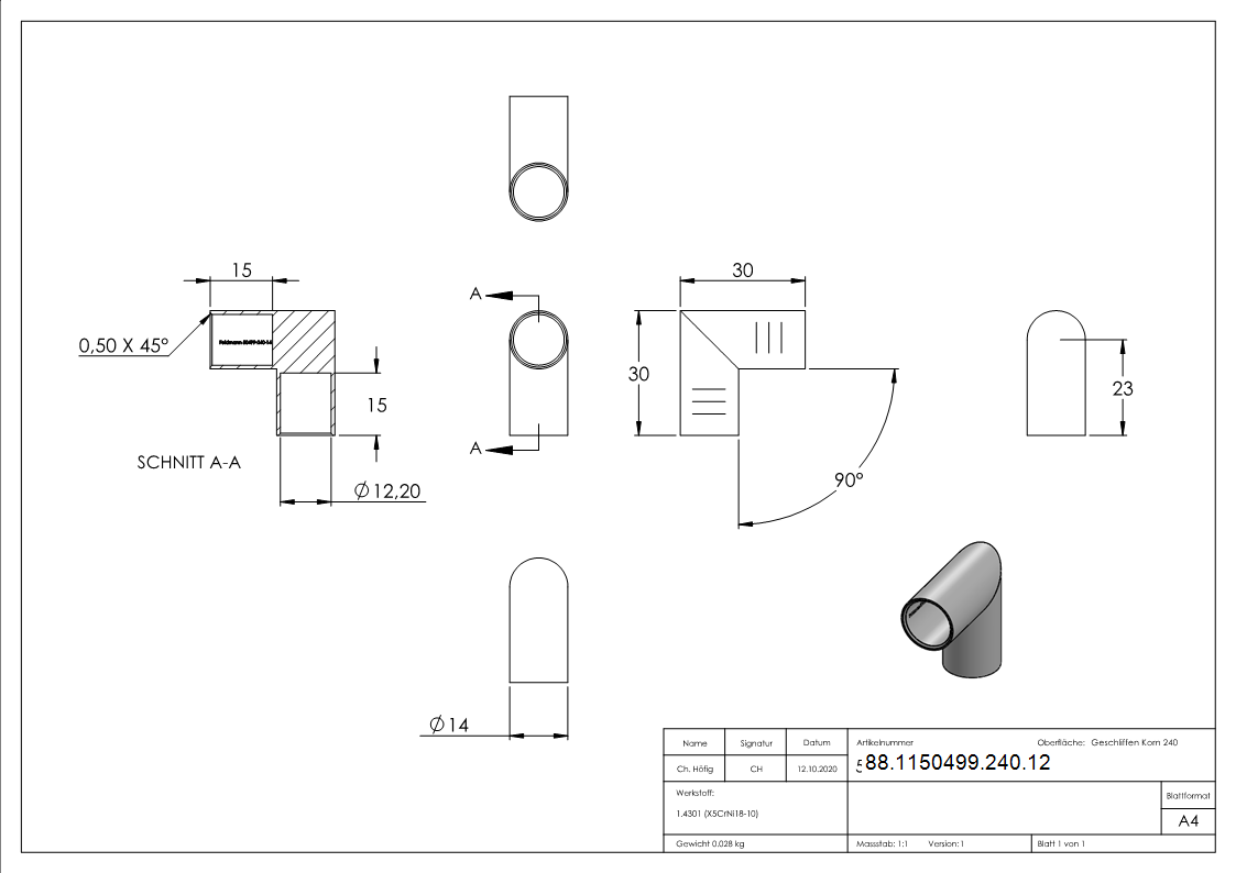 Rundstabverbinder V2A Ø 12 mm 90° Ecke zum Kleben-88-1150499-240.12
