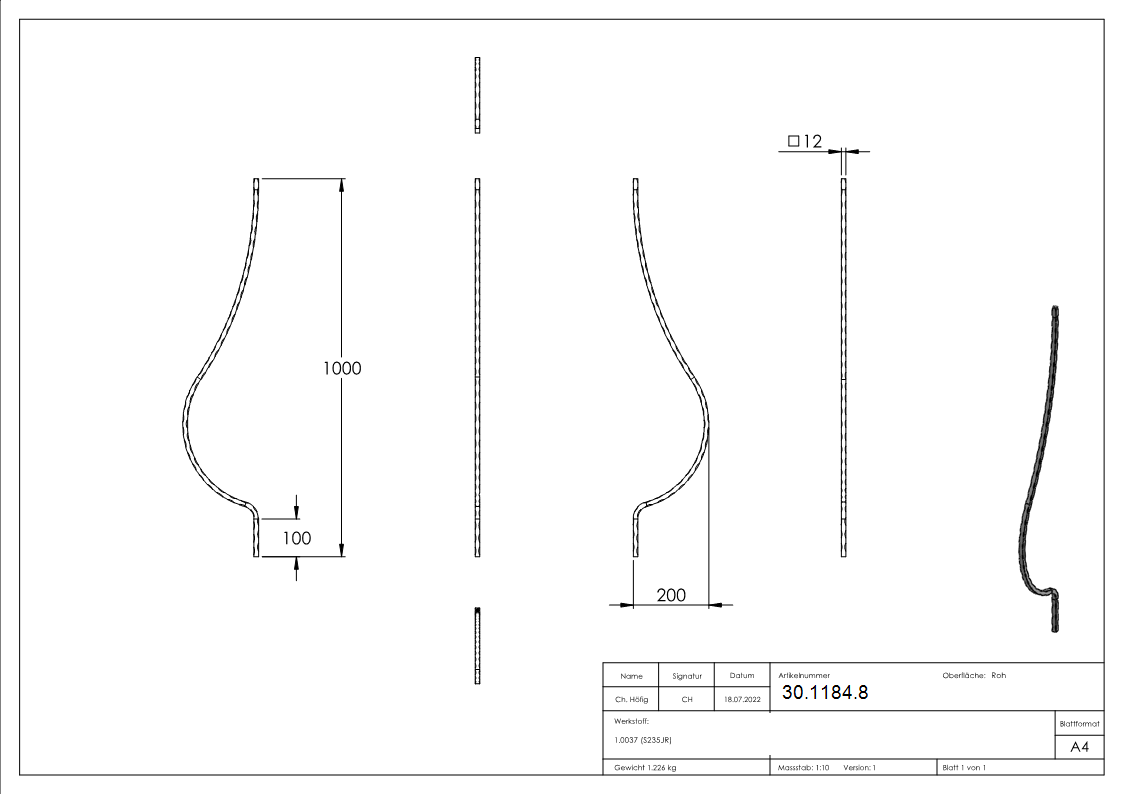 Bauchstab - Laenge- 1000 mm - Material- 12x12 mm - Stahl S235JR- roh-30-1184.8