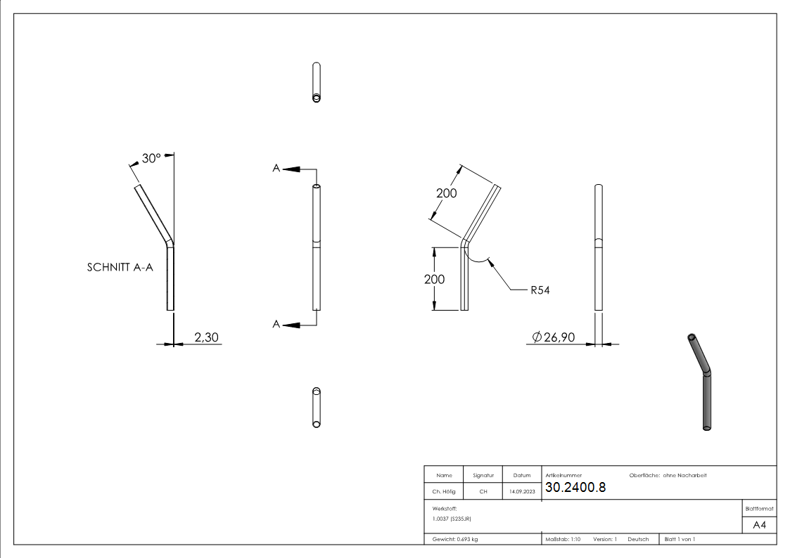 Rohrbogen 30° Stahl roh - 26-9 x 2-0 mm -¾- - S235JR-30-2400.8
