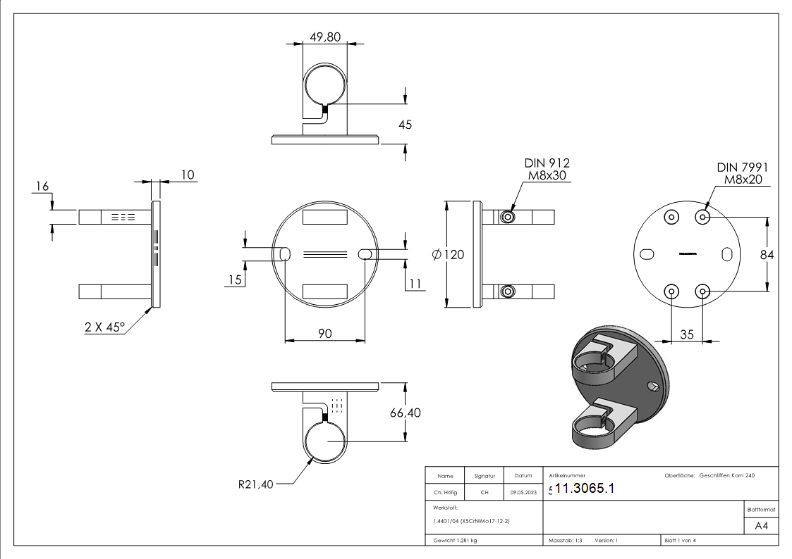 Wandbefestigung  Masse- 120x10 mm zum Spannen fuer Gelaenderpfosten Ø 42-4 mm - V4A-11-3065.1