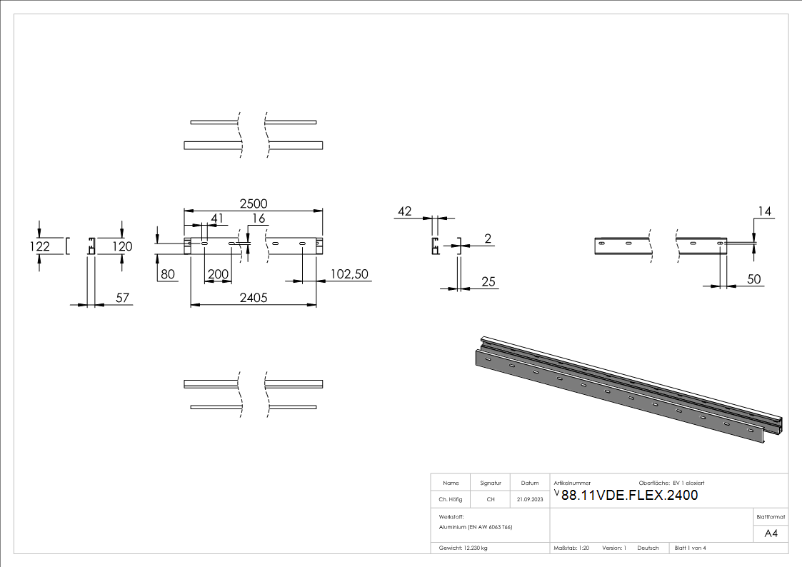 Profil-Set fuer eleganza canopy Vordach L=2400-2405 mm-88-11VDE-FLEX.2400