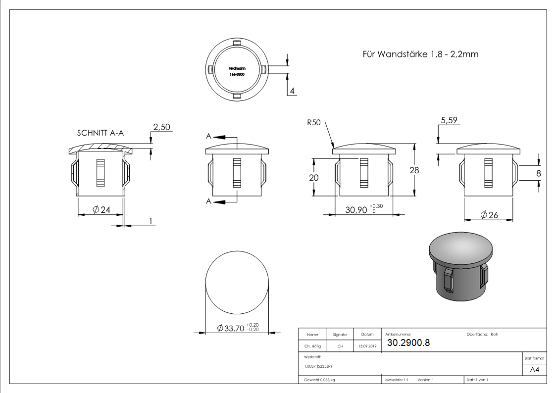 Stahlstopfen - leicht gewoelbt - fuer Ø 33-7x1-8-2-2 mm - Stah S235JR- roh-30-2900.8