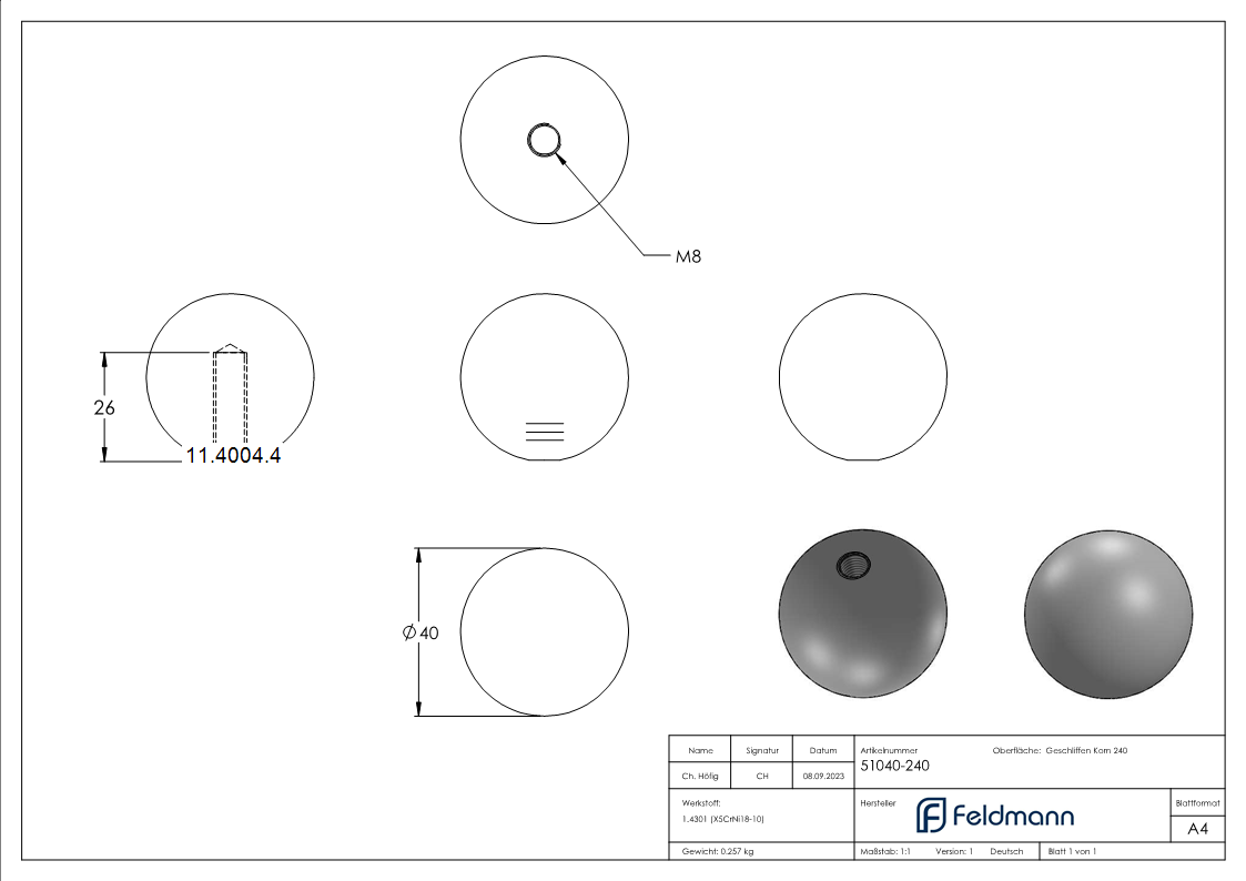 Vollkugel - Ø 40 mm - mit Gewinde M8 - V2A-11-4004.4