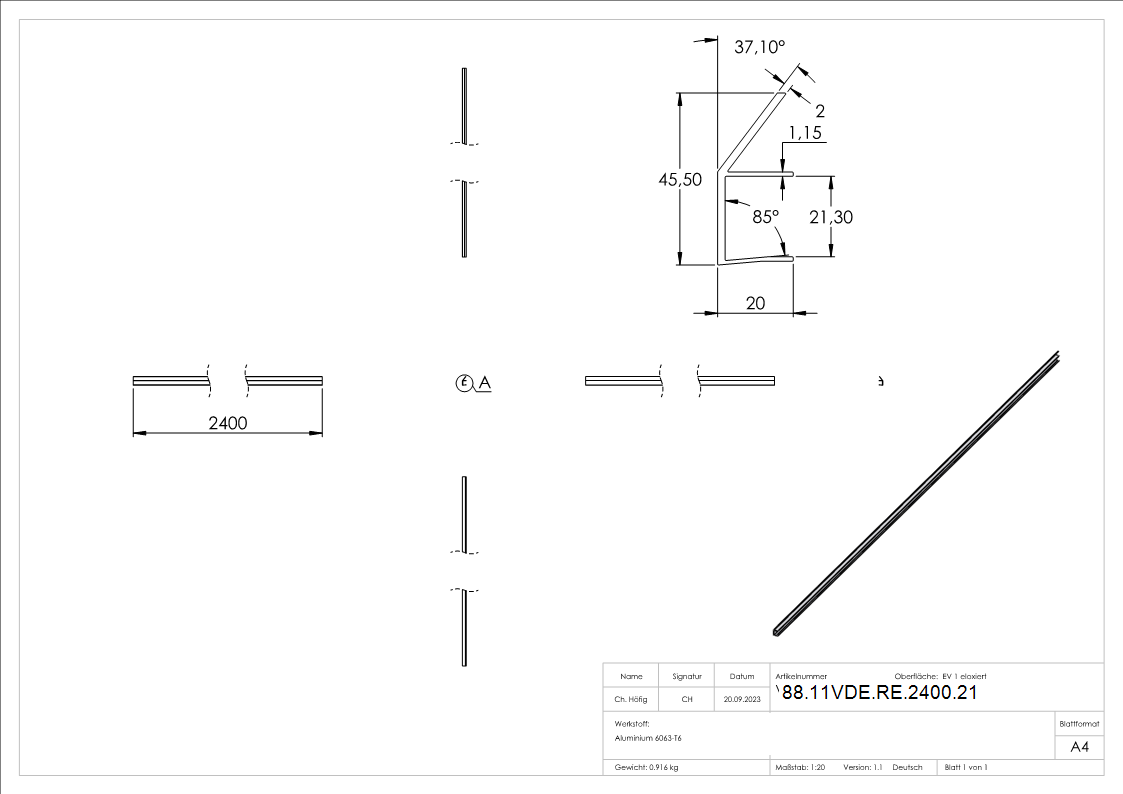 Regenrinne fuer Vordaecher- Glas 21-52mm- L=2400mm- E4-EV1-88-11VDE-RE-2400.21