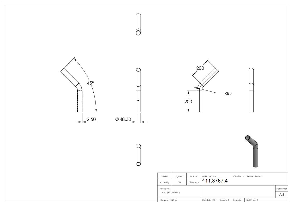 Bogen 45° zum Schweissen aus Rundrohr- Ø 48-3x2-6 mm V2A-11-3767.4