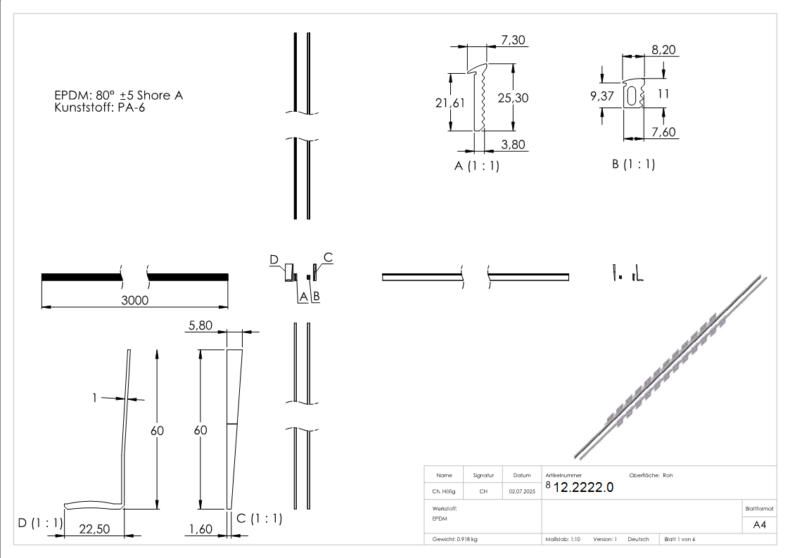 Gummiset - fuer Glas- 20-76-21-52 mm - Laenge- 3000 mm-12-2222.0