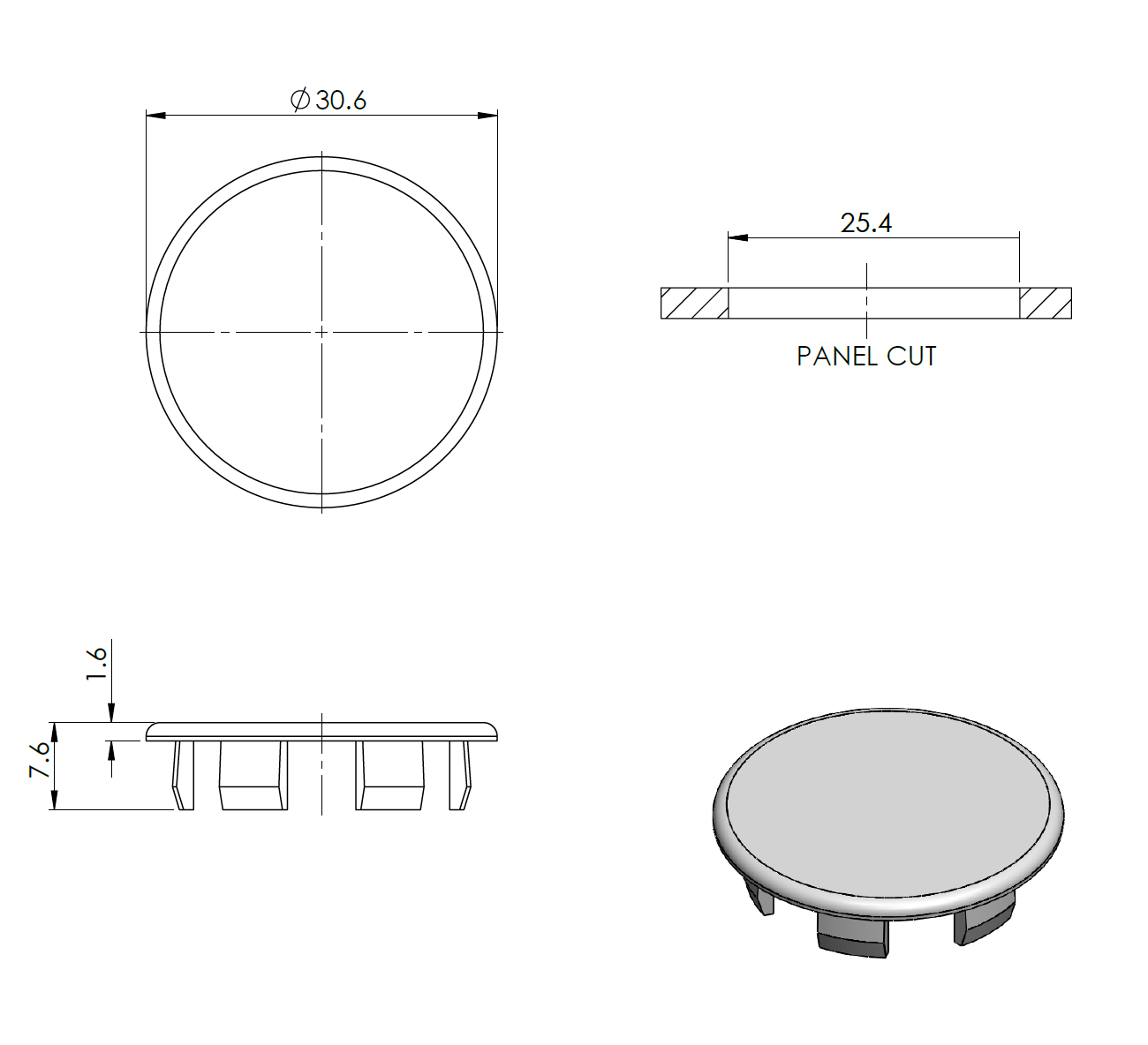 Endkappe Kunststoff PA66 fuer Ø 25 mm Bohrung- Kopf Ø 30 mm-89-11A240005007-A.4