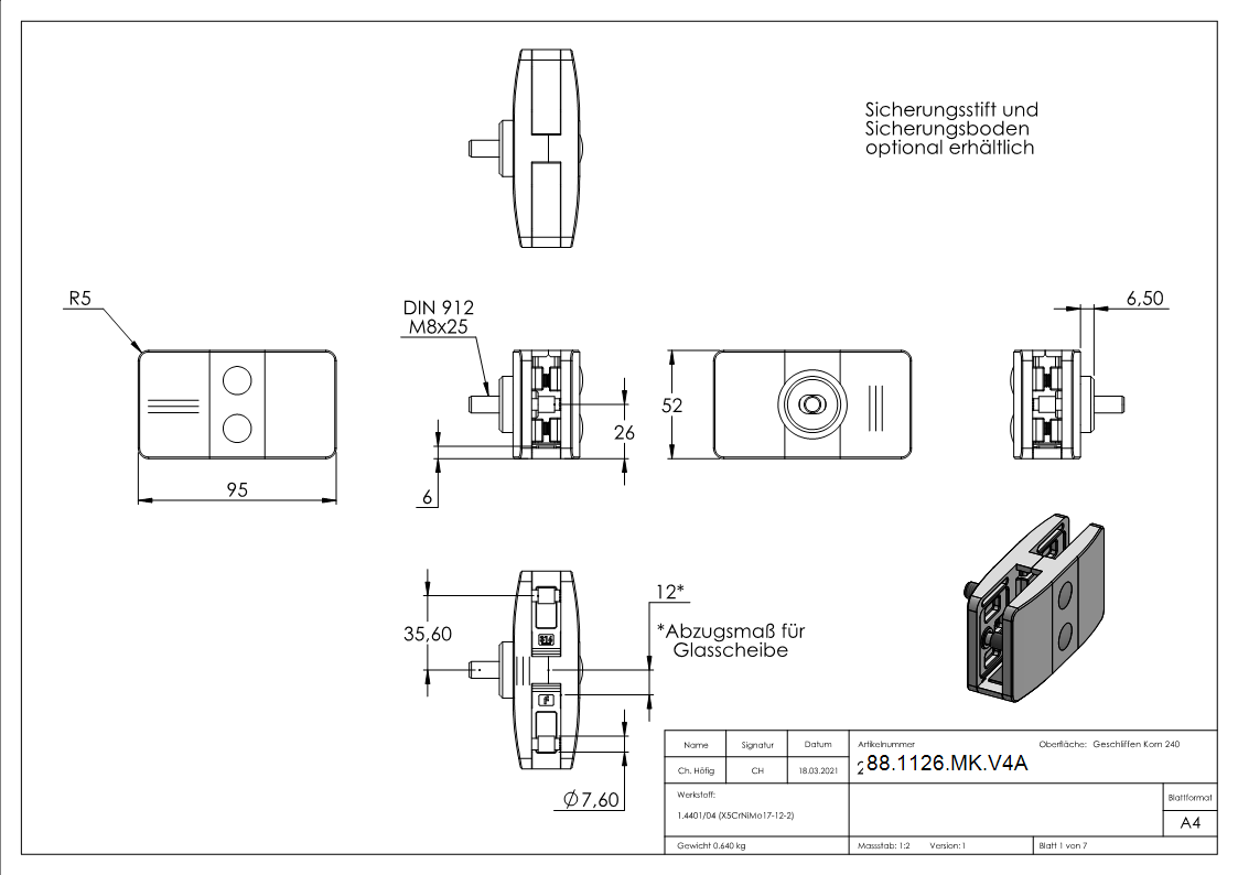 Mittelglasklemme Edelstahl V4A Modell 26- eckig-88-1126-MK.V4A