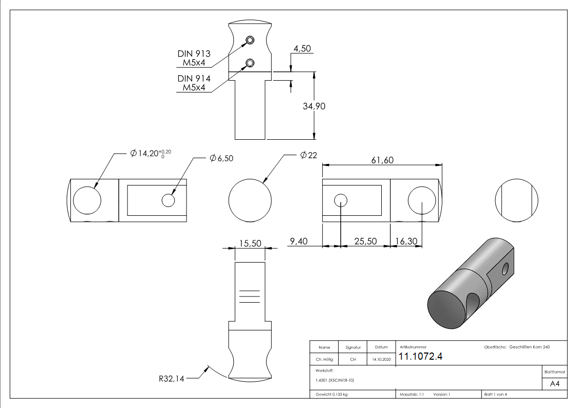 Querstabhalter V2A Edelstahl – zwischen zwei FLACHeisen fuer Rundstaebe 14 mm-11-1072.4