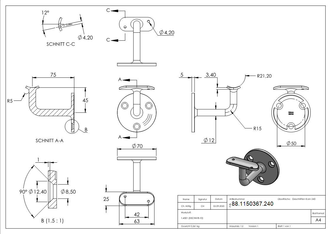 Handlaufhalter V2A Rohr 42-4 mm Ronde 70x5 mm Wandabstand 75 mm verschweisst-88-1150367.240