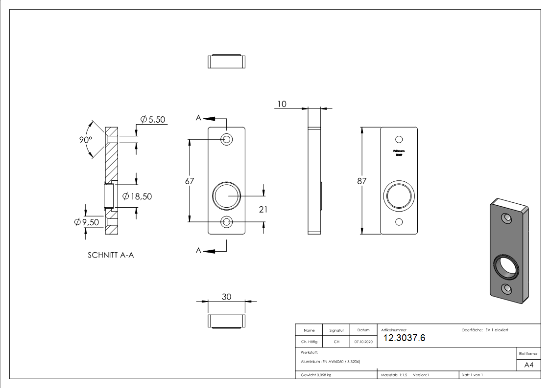 Alu-Kurzschild - Masse- 30x88x10 mm - Form- vierkant - Aluminium EV1-12-3037.6