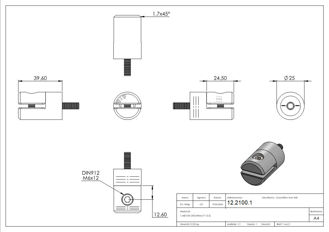 Blechhalter - Plattenhalter Ø 25 mm Edelstahl V4A – Anschluss flach - gerade inkl- Schrauben - Gummieinlage-12-2100.1
