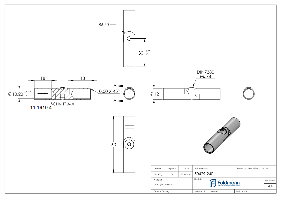 Rundstabverbinder V2A Ø 10 mm mit Gelenk 0-100°-11-1610.4