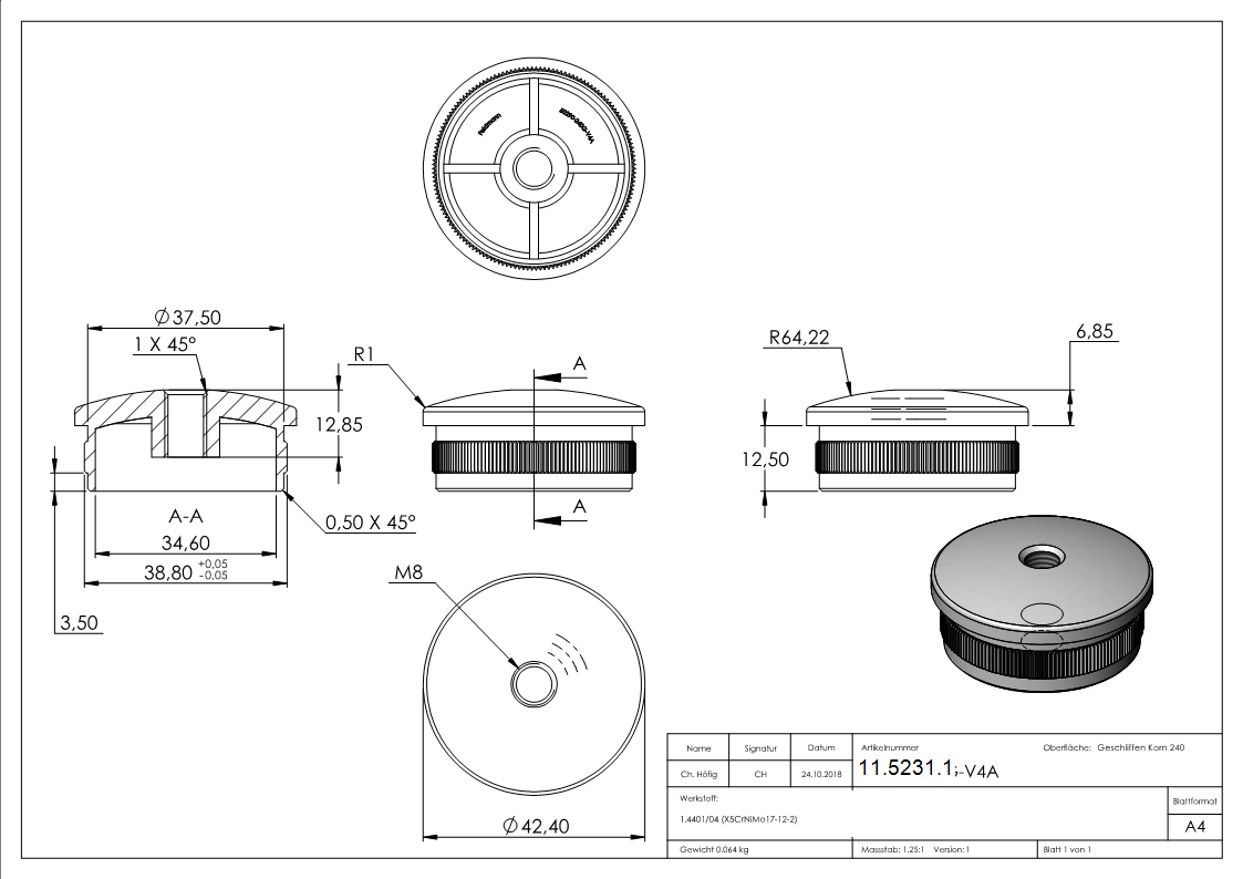 Einsteckkappe V4A Edelstahl fuer Rohr Ø 42-4 x 2-0 mm mit M8 Gewinde gewoelbt zum Einschlagen-11-5231.1