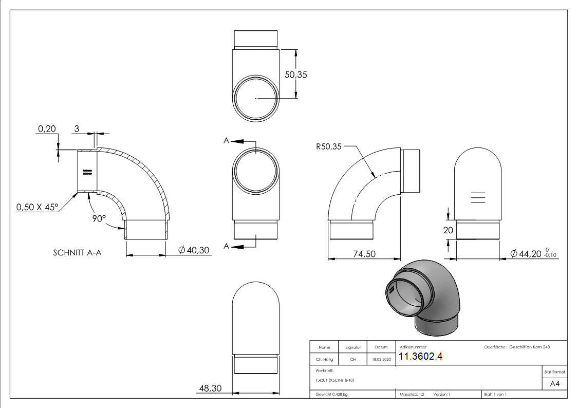 Rohrbogen 90° rund- fuer Rundrohr Ø 48-3x2-0 mm V2A-11-3602.4
