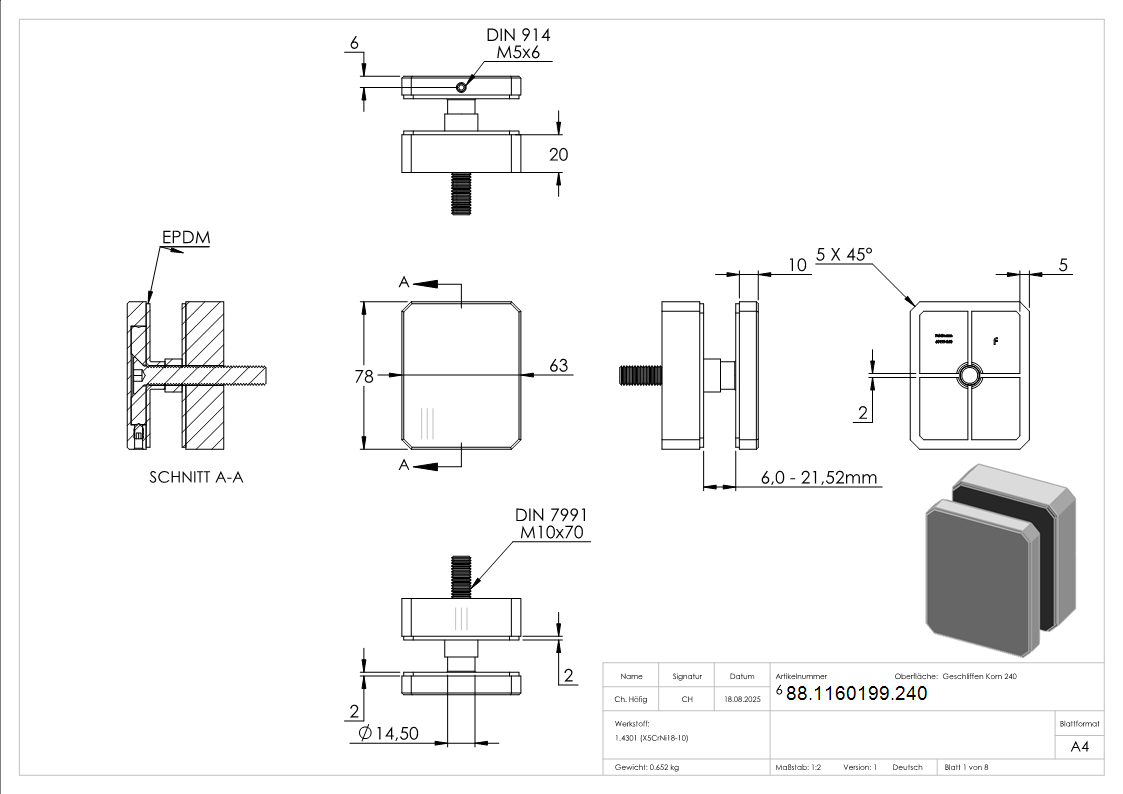 Glaspunkthalter 63 x 78 mm- V2A- rechteckig- Anschluss- Flach mit AbP-88-1160199.240