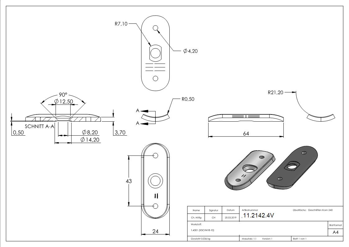 Handlaufanschlussplatte 63x25x4 mm fuer Rohr Ø 42-4 mm zum Vernieten V2A-11-2142.4V