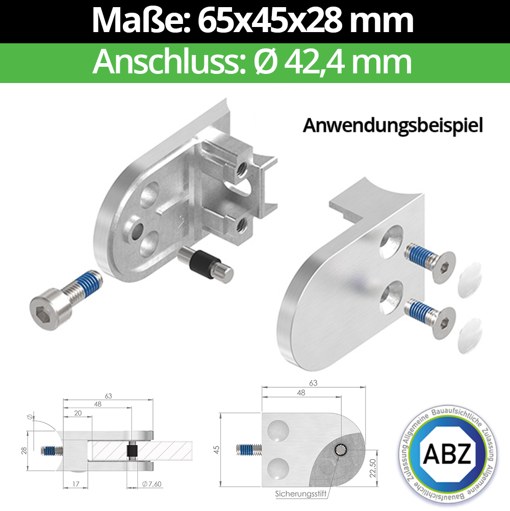 Glasklemme ABZ 65x45x28 mm Ø 42-4 mm- V4A - AISI 316 - 1-4401-04- fuer 10-00 mm ESG Glas- Nein - Ohne Sicherungsstift-10-MODELL32-42-2-10.1