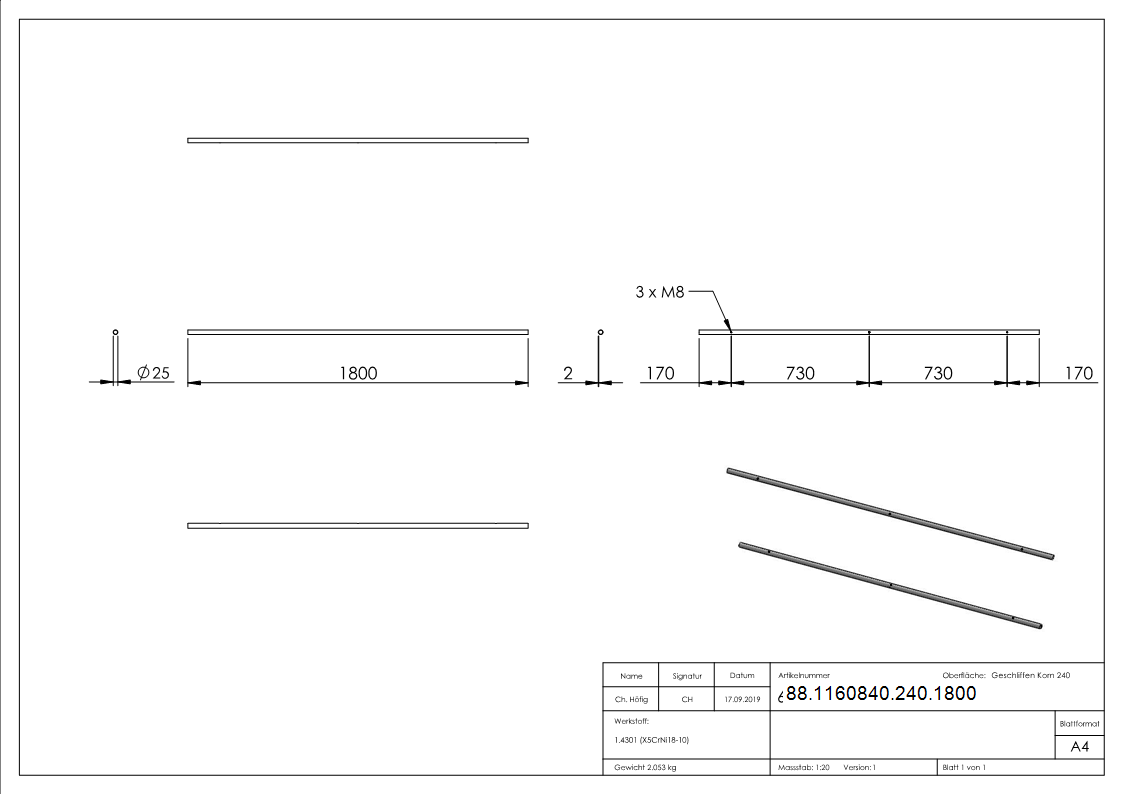 Laufschiene fuer Glasschiebetueren- Laenge 1800mm-88-1160840-240.1800