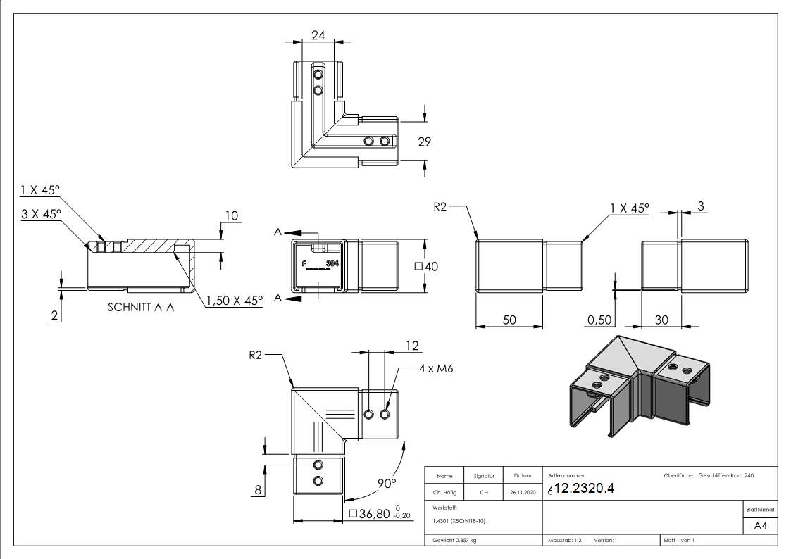 Verlaufsecke 90° - horizontal - fuer Quadrat-Nutrohr- 40x40 mm - V2A-12-2320.4