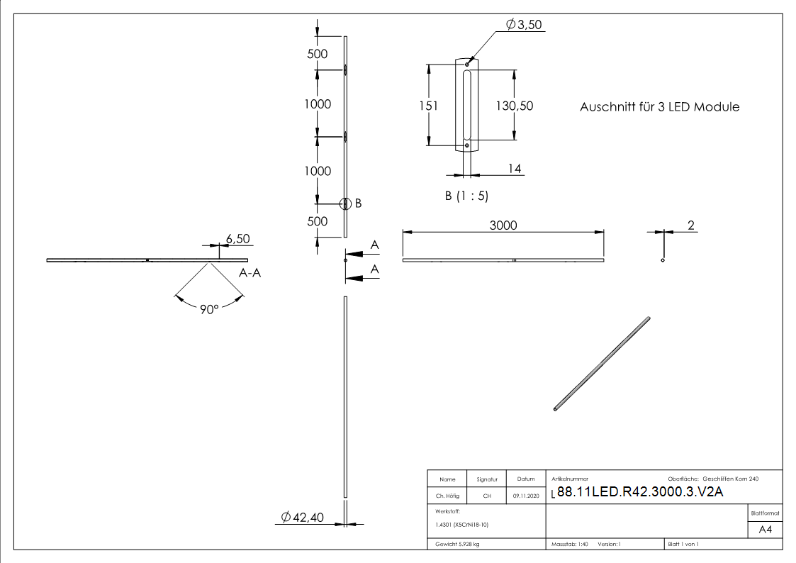 Edelstahlrohr 42-4 x 2-0mm fuer LED Module-88-11LED-R42-3000-3.V2A