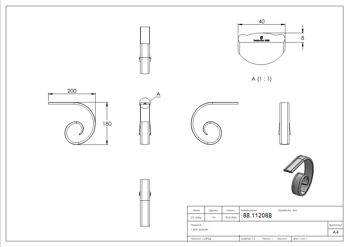 Handlaufanfaenger gerollt passend zu Profil 88-11114-A-5 Stahl roh-88.112088