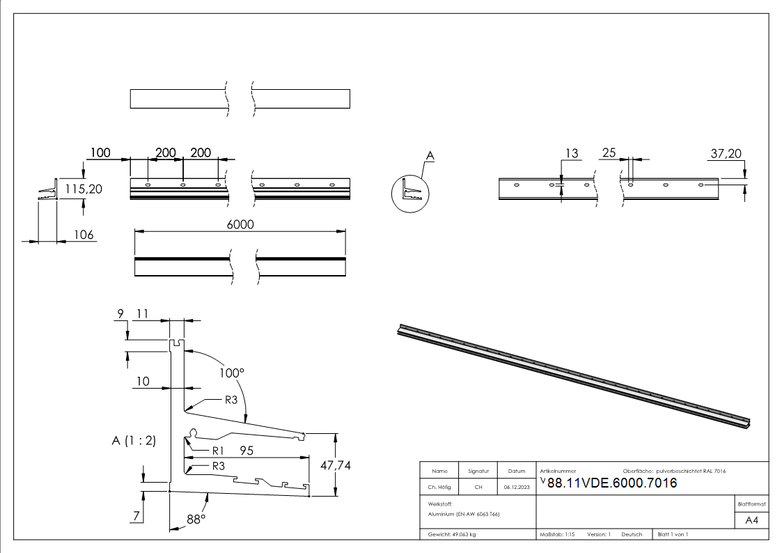 Vordachprofil eleganza canopy- L- 6000mm- RAL 7016-88-11VDE-6000.7016