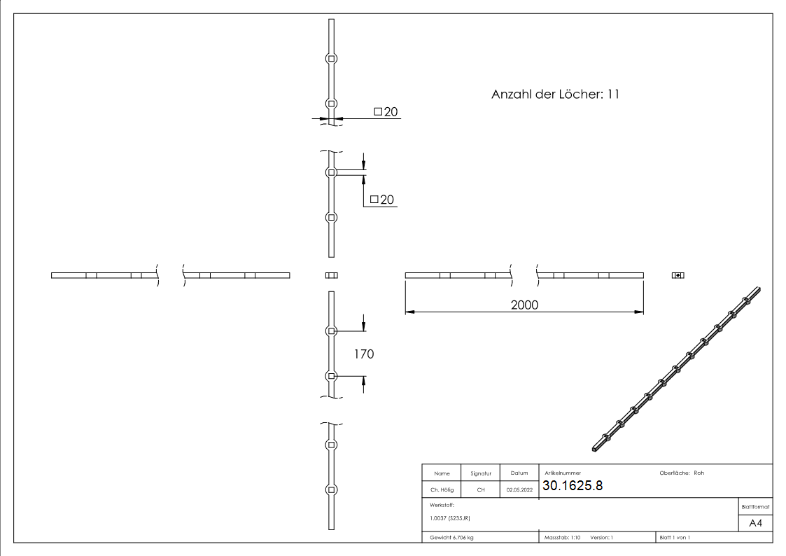 Lochleiste fuer Quadratrohr Material- 20x20 mm Laenge- 2000 mm Stahl S235JR- roh-30-1625.8