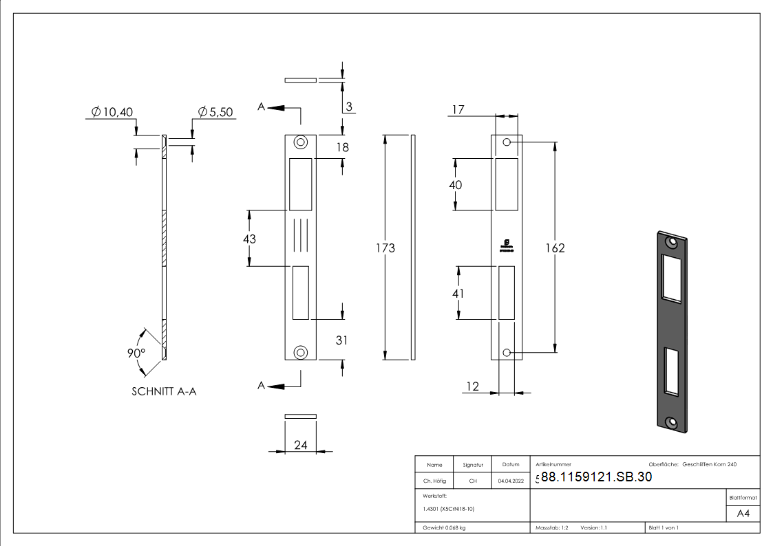 Schliessblech Edelstahl V2A fuer 30 mm Schiebetorschloesser geschliffen-88-1159121-SB.30