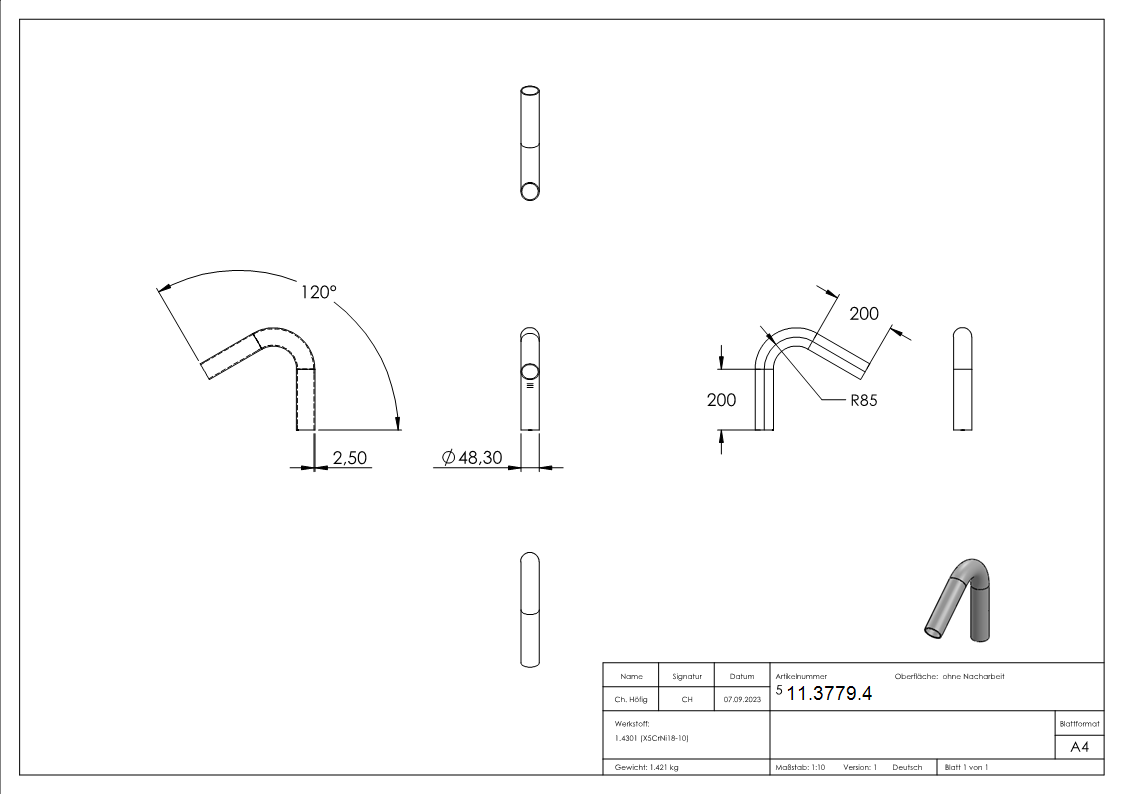 Bogen 120° zum Schweissen aus Rundrohr- Ø 48-3x2-6 mm V2A-11-3779.4