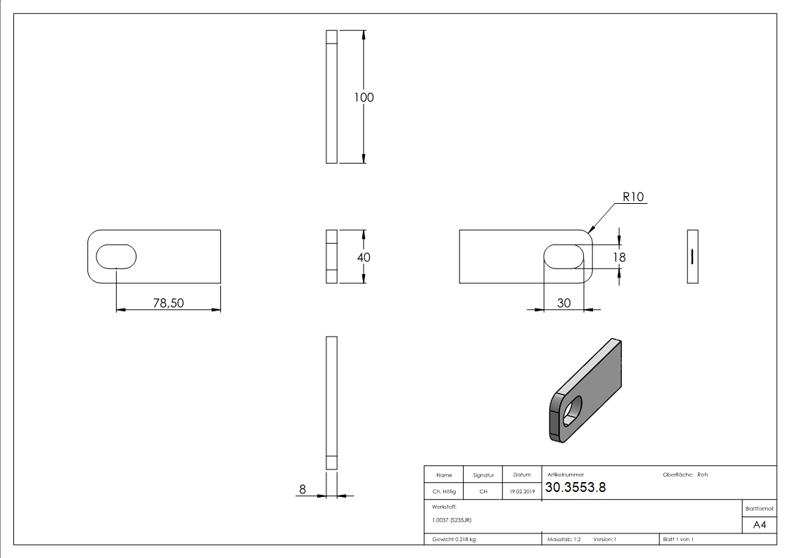 Anschweisslasche - Masse- 100x40x8 mm - Langloch- 30x18 mm - Stahl -roh- S235JR-30-3553.8